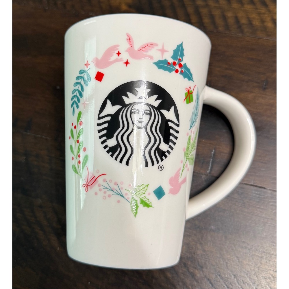 Starbucks Christmas Holiday Coffee Mug Cup Handle 12 oz Pink Doves Holly